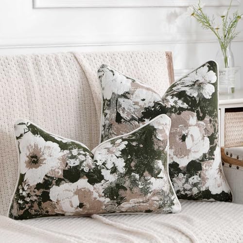 Vintage Floral Throw Pillow Covers 18x18 Set of 2 Neutral Boho Farmhouse Soft Chenille Jacquard Decorative Couch Pillow Covers for Sofa Couch Bed Living Room Home Décor Beige Green - color: Beige Green, size: 18" x 18" (Pack of 2)