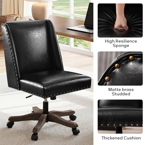 Upholstered Armless Office Chair Faux Leather Swivel Home Desk Office Chair | Modern Comfy Boho Office Chair with Wheels Adjustable Desk Chair no Arms for Sewing Women Farmhouse Study Studio PU Black - color: Black