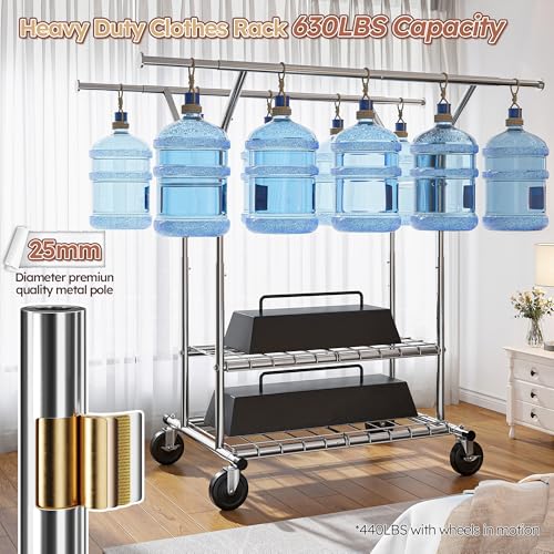 Raybee Heavy Duty Clothes Rack 630 LBS Capacity Double Rods Shelves Storage | 360°Lockable Wheels, Snap-on Design, Tool-free Assembly, Extendable Rods, Adjustable Height, Bedroom Wardrobe Closet Organize - color: Chrome