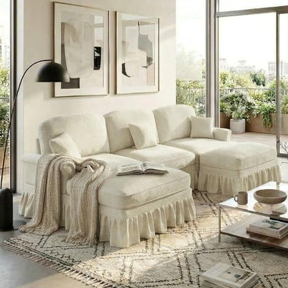 Modular Sectional Sofa Couch, Comfy Chenille Sofa with Removable Ruffled Skirt, Flared Armrests, Sturdy Legs, Convertible Sectional for Living Room, Bedroom, Apartment (Beige) - color: Beige, size: 107.1 Inch U