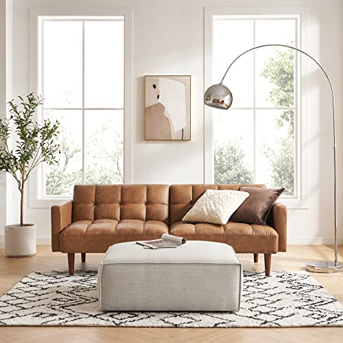 mopio 76.4" Futon Sofa Bed Tufted Styled, Sleeper Couch (Pecan Brown Faux Leather) - color: Aaron Pu, Pecan Brown