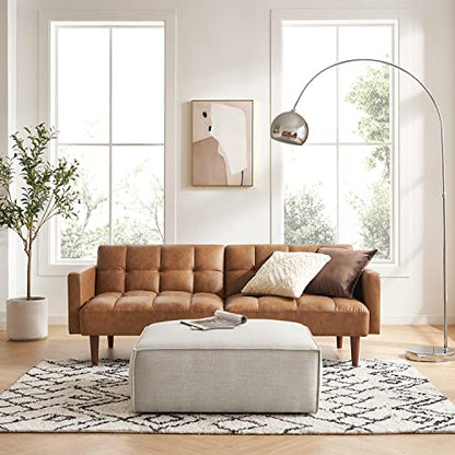 mopio 76.4" Futon Sofa Bed Tufted Styled, Sleeper Couch (Pecan Brown Faux Leather) - color: Aaron Pu, Pecan Brown