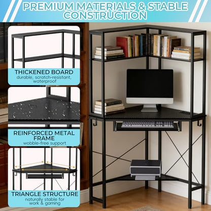Corner Desk with Hutch and LED Light, Keyboard Tray, Carbon Black - color: Carbon Black