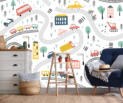 Kids Cartoon Wallpaper Car Roadmap Wall Mural | 151"x96", for Bedroom Living Room Bathroom, Textured Fabric, Not Peel and Stick - color: Mural 06, size: 151" x 96"