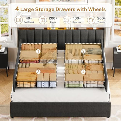 Queen Bed Frame with Headboard and 4 Drawers Storage, Bed Frame Queen Size Built in LED Lights and Charging Station, Sturdy & Noise-Free Upholstered Platform Metal Support Bed, Dark Grey