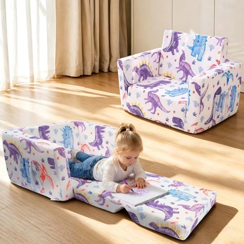 Kids Couch, 2-in-1 Kids Fold Out Couch | Convertible Sofa to Lounger for Girls and Boys, Soft Toddler Chairs Comfy 1-3 Years Old, White Dinosaur - color: White Dinosaur