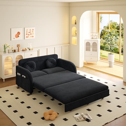 52.4'' Full Size Sleeper Sofa Bed, 3-in-1 Pull Out Chenille Couch, Black | Cozy Curved Armrest, Loveseat with USB, 2 Round Pillows, Washable Cover, Pocket, for Living Room, Apartment, Small Spaces, RV - color: Black, size: 52.4'' Full