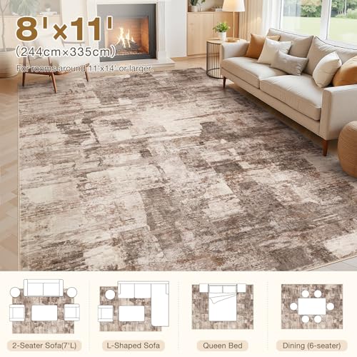 kakania Abstract 8x11 Area Rugs for Living Room: Washable Rugs Brown | Soft, Non-Slip, Low-Pile, Pet & Kid Friendly - Large Modern Home Decor Carpet for Bedroom/Dining Room/Office/Nursery - color: Brown, size: 8' x 11' (Rectangular)