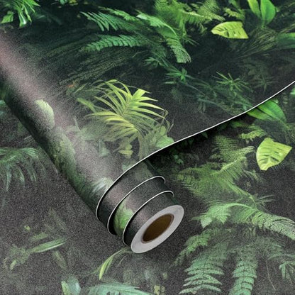 FunStick 17.5"x354" Green Tropical Peel and Stick Wallpaper Dark Jungle Forest Leaves Wall Paper Renter Friendly Wallpaper Kitchen Cabinet Contact Paper Black Self Adhesive Vinyl Wallpapers for Walls - size: 17.5" x 354"