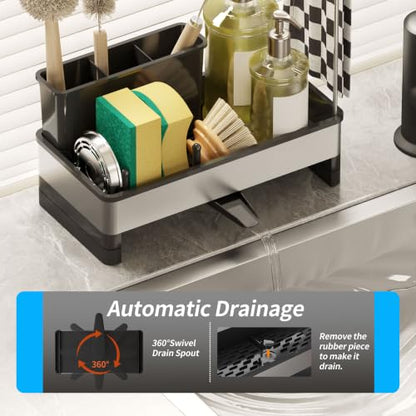 Stainless Steel Sink Caddy, Kitchen Sink Sponge Holder with Brush Holder and Towel Rack, Soap Dispenser Kitchen Organizers Storage Essentials, Dish Organizer for Countertop