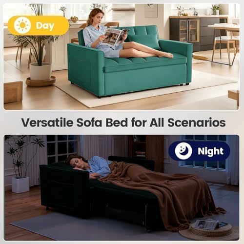 Sleeper Sofa Bed with Adjustable Backrest & Side Pockets, Green | Adjustable Backrest & Side Pockets,Pull Out Sofa,Comfortable Fabric - color: S-green-s2