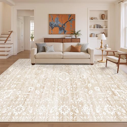 Soalmost Living Room 10x14 Area Rugs, Washable Soft Neutral Rugs Beige | Low Pile Non-Slip Stain Resistant Extra Large Thin Rug, Vintage Throw Carpet for Dining Room Bedroom Farmhouse Home Office - color: Beige, size: 10' x 14' (Rectangular)