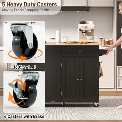 chartustriable 51" Kitchen Island with Drop Leaf,Kitchen Island Cart W/Rolling Trash Cabinet,Folding Drop Leaf,2 Drawers,Movable Carts on Wheels with Spice Rack&Towel Rack for Home, Dining Room - color: Black, size: 29.5"D x 51.2"W x 35.8"H