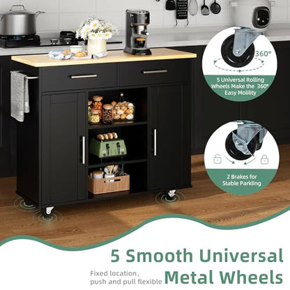 Shintenchi Kitchen Island with Storage, Kitchen Island Cart on Wheels with 3 Open Shelves, 2 Drawers and 2 Cabinets, Rolling Kitchen Table with Large Countertop, Black - color: Golden