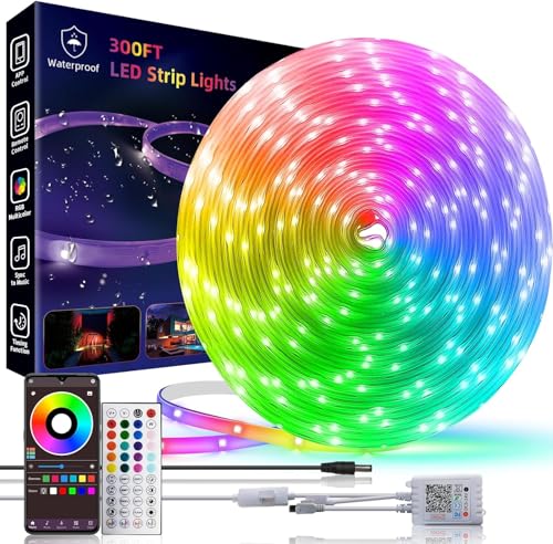 300ft Outdoor Led Strip Lights Waterproof, Trimmable Led Strip Lights Music Sync, RGB IP65 Waterproof Outside Led Lights Strip With Remote & App, Exterior Led Rope Light Waterproof For Pool Roof Yard - style: A3-300ft outdoor use-(2 rolls of 150ft)