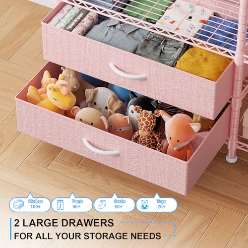 F3 Heavy Duty Clothes Rack（With Fabric Drawers）Freestanding Clothing Racks for Hanging Clothes，Adjustable Closet Organizer System，Portable Garment Rack 40" W x 15" D x 72" H，Max Load 700LBS，Pink - color: Pink, style: Freestanding