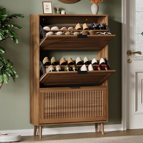 Xixini Shoe Storage Cabinet with 3 Flip Drawers, 50" Tall Narrow Wood Fluted Shoe Organizer for Entryway, Freestanding Wooden Hidden Slim Shoe Rack for Front Door Entrance, Hallway, Foyer, Dark Walnut - color: Dark Walnut, size: 3 Flip Drawers