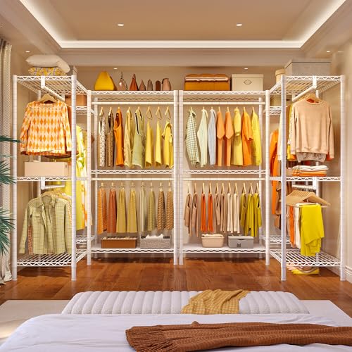 Raybee Clothes Rack,Clothing Racks for Hanging Clothes Heavy Duty,Adjustable Garment Rack with Shelves,rolling clothes rack Max Load 905LBS,75" W x 77" H x 17.8" D,White - color: White, size: 75" W x 17.8" D x 77" H