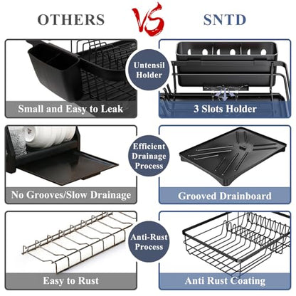 SAYZH Dish Drying Rack for Kitchen Counter with Utensil Holder, Black | Stainless Steel, Large Capacity, Angled Drainboard, Rotating Spout, Removable to Clean - color: Black