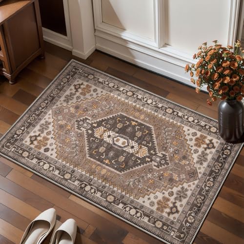 Ciicool 2x3ft Small Area Rug,Washable Boho Thin Mat for Entryway Kitchen | Oriental Non-Slip Low-Pile Hazel Indoor Carpet Entry Rugs for Entrance Bedroom Kitchen Bathroom Foyer Decor - color: Hazel, size: 2' X 3' (Rectangular)