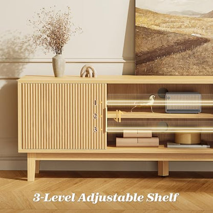54 Inch Fluted TV Stand for TVs Up to 55, 60 Inch, Mid Century Modern Entertainment Center with Storage, TV Console with Adjustable Shelves, Midea Console for Living Room Bedroom, Beige - color: Nature