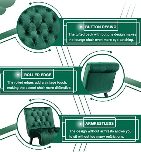 Comfy Velvet Accent Chair, Tufted Armless Side Chair with Rolled Edge | Modern Small Lounger for Living Room, Upholstered Reading Chaise Lounge with Solid Rubber Wood Legs, Green - color: Green, size: Set of 1