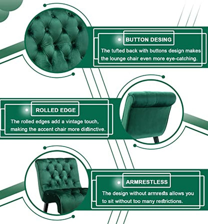 Comfy Velvet Accent Chair, Tufted Armless Side Chair with Rolled Edge | Modern Small Lounger for Living Room, Upholstered Reading Chaise Lounge with Solid Rubber Wood Legs, Green - color: Green, size: Set of 1