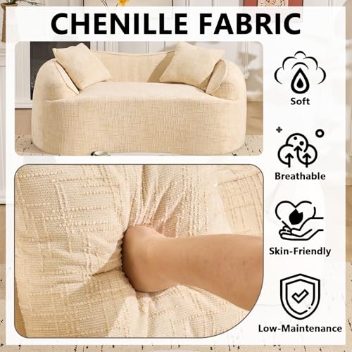67" Curved Loveseat Sofa with 2 Pillows, Modern Boneless Couch in a Box, Small Cloud Loveseat for Bedroom Small Space Apartment Living Room, Memory Foam, Chenille, No Assembly (Beige) - color: Beige