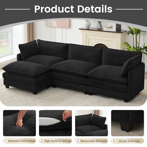ROWHY Oversized Modular Sectional Couch with Movable Ottoman, 112" Modern Convertible L Shaped Sofa Set, 4 Seat Comfy Cloud Couch with 2 Throw Pillows, for Living Room and Office, Chenille, Black - color: Chenille Black, size: 4 Seats L-Shaped