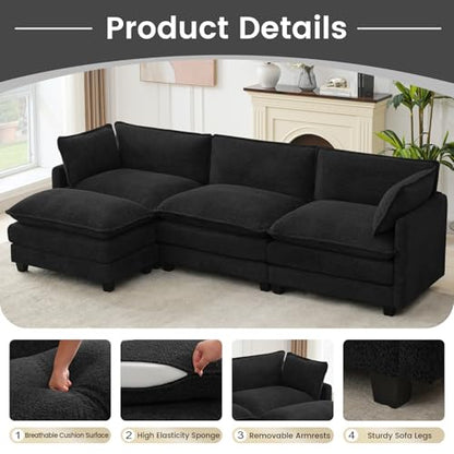 ROWHY Oversized Modular Sectional Couch with Movable Ottoman, 112" Modern Convertible L Shaped Sofa Set, 4 Seat Comfy Cloud Couch with 2 Throw Pillows, for Living Room and Office, Chenille, Black - color: Chenille Black, size: 4 Seats L-Shaped
