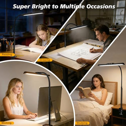 LED Desk Lamp with Clamp, Stepless Dimming Flicker-Free for Home Office | Architect Lamp, DC Adapter, 25 Modes, 12.8in Flexible Gooseneck, Eye-Friendly for Workbench & Reading - color: Black