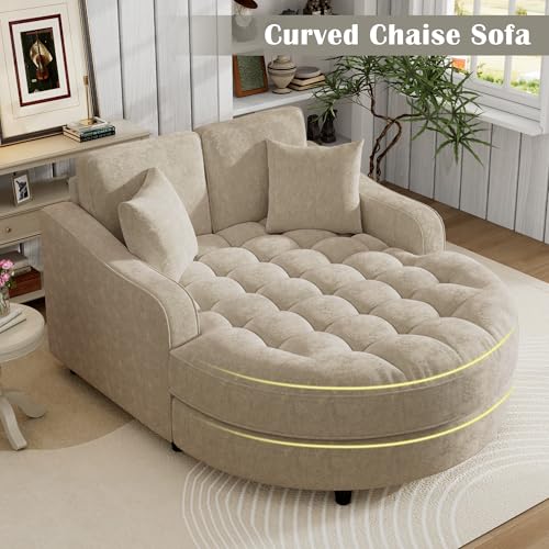 55" Modern 2-Seater Chaise Lounge Sofa Bed - Chenille Upholstered Loveseat Couch with Tufted Seat & Detachable Pillows, Space-Saving Sleeper Sofa (Champagne) - color: Champagne
