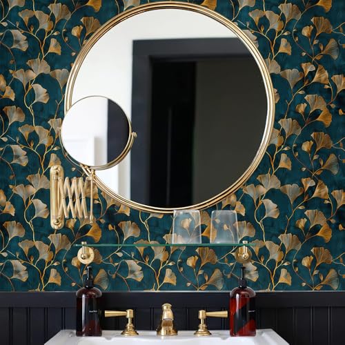 MuralPeel Teal Blue Yellow Gingko Leaf Vintage Peel and Stick Wallpaper Self Adhesive Removable Easy Peel Off Stick on Wall Paper for Bedroom Cabinet Renter
