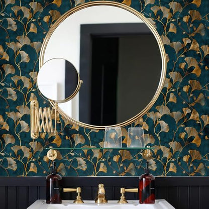 MuralPeel Teal Blue Yellow Gingko Leaf Vintage Peel and Stick Wallpaper Self Adhesive Removable Easy Peel Off Stick on Wall Paper for Bedroom Cabinet Renter