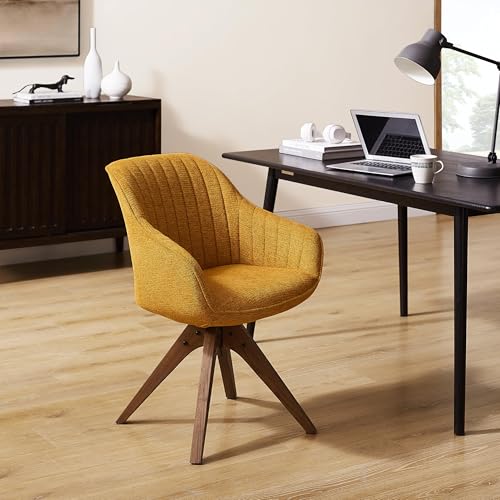 Swivel Desk Chair for Home Office, Fabric, Yellow | No Wheels, Oka Wood Legs, Mid Century Modern, Upholstered, 360° Swivel, Accent Chair, Living Room, Bedroom - color: Yellow, size: Fabric