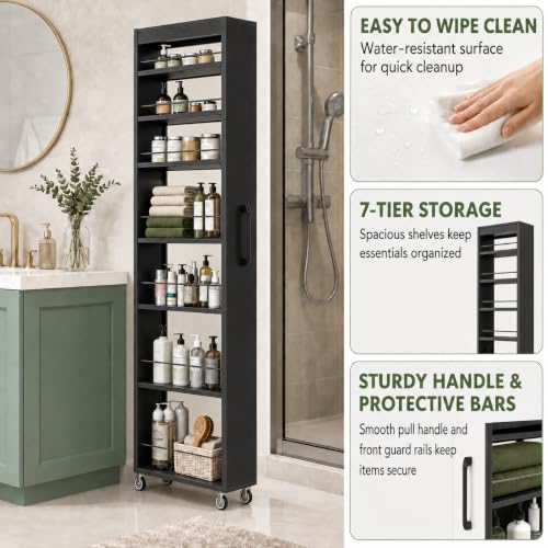 7-Shelf Tall Narrow Storage Cabinet with Wheels, 71 Inch, Black | Slim Pull-Out Organizer, 7.87 Inch Wide for Small Spaces Between Washer/Dryer, Kitchen, Bathroom and Laundry Room - color: E-black