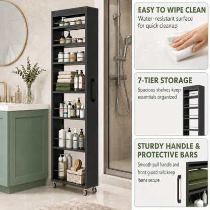 7-Shelf Tall Narrow Storage Cabinet with Wheels, 71 Inch, Black | Slim Pull-Out Organizer, 7.87 Inch Wide for Small Spaces Between Washer/Dryer, Kitchen, Bathroom and Laundry Room - color: E-black
