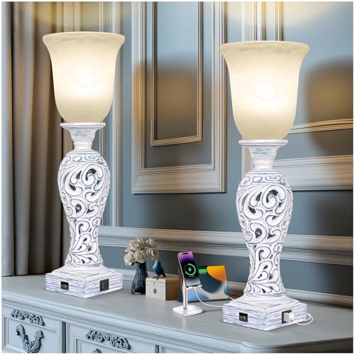 20" Vintage Table Lamps Set of 2 for Living Room, 3-Way Dimmable LED Bulb | 2 USB Ports, Uplight, White Alabaster Glass Shade, Rustic Farmhouse Nightstand Light for Bedroom End Table Entryway or Office - color: Washed Blue-Set of 2