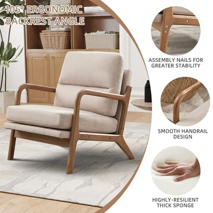 IOMOR Mid Century Modern Accent Chair, Linen Fabric Upholstered Lounge Armchair with Solid Wood Frame and Soft Cushion for Living Room, Bedroom (1, Linen Beige) - color: Linen Beige