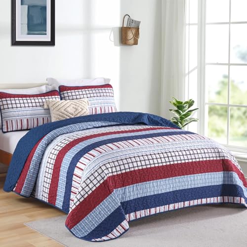 DJY California King Striped Quilt Set, Red Blue Boho Striped Bedspread Coverlet Set 3 Pieces Lightweight Soft Microfiber Patchwork Quilt Bedding Set for All Season (96"x106") - color: Red Blue, size: California King