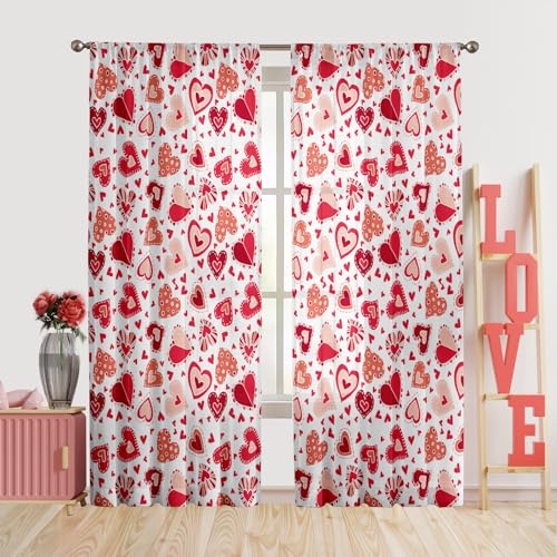 Valentine's Day Curtains for Living Room Boho Red Love Heart Curtains 84 Inch Length 2 Panels Set Window Treatment Rainbow Bedroom Curtains Cute Semi Sheer Curtain Retro Valentines Room Decor 2 Panels - color: Boho Red Heart Curtain, size: 52"W x 84"L (Pa