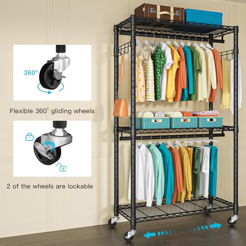 P1 Heavy Duty Garment Rack, Rolling Closet Organizer with Wheels | 3-Tier Freestanding Metal Clothes Clothing Wardrobe System with Double Hanger Rods and Hooks, Max Load 450lbs, Black - color: Black, size: P1
