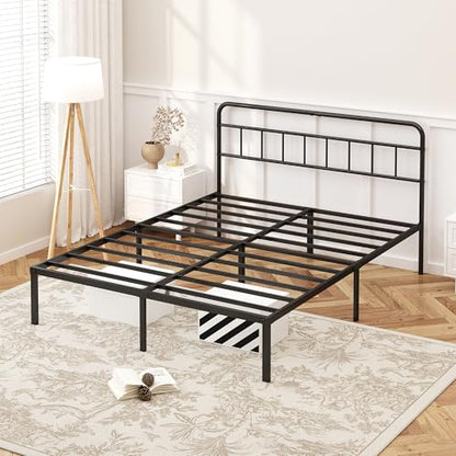 Kujielan 12 inches Full Size Bed Frame with Minimalist Headboard, Black | Metal Platform Base with Strong Metal Slats,Mattress Foundation for Under Bed Storage,Easy Assembly - size: Full