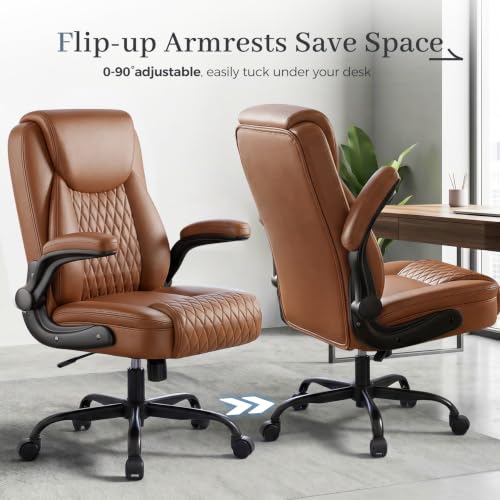 GTPOFFICE Executive Office Chair with Comfortable Lumbar Support, Ergonomic Gaming Chair with Flip-up Armrests & Zoned Pressure-Relief Cushion, Comfy PU Leather Desk Chair, Brown - color: Brown