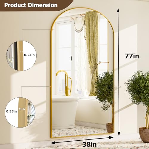GLSLAND-77 x38 Large Arched Full Length Mirror Oversize Floor Mirrors Gold | Aluminum Alloy Frame Freestanding Mirror for Leaning Hanging, Full Body Dressing Mirror for Bedroom Living Dressing Room - color: Gold, size: 77"L x 38"W