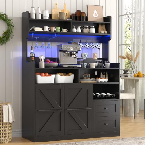 VVFLU Hutch Storage Buffet Cabinet with Drawers, and Charging Station, Coffee Bar Cabinet with Barn Doors, Wine Rack and Hooks, Black Wood Sideboard Buffet for Kitchen, Dining Room, 54.5" High - color: Black/Wood, size: 15.7"D x 41.3"W x 54.5"H