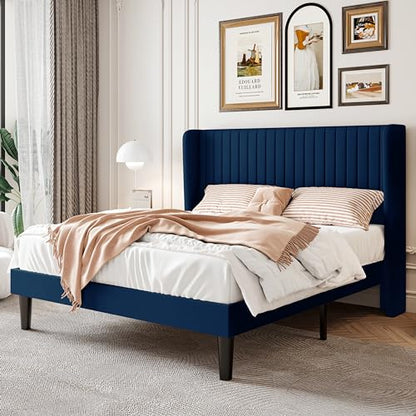 SHA CERLIN Full Size Velvet Bed Frame, Tufted Wingback Headboard, Blue | 47'' Modern Vertical Channel Headboard, Upholstered Platform Bed, Wood Slats, No Box Spring Needed, Easy Assembly, Noise Free - color: Blue, size: Full