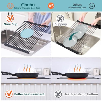 Ohuhu Roll Up Dish Racks, 16.5" L x 13" W Over The Sink Dish Drainer Drying Rack Kitchen Sink Organizer Silicone Wrapped Large in Sink Dish Drying Rack Foldable Rolling Drain Mats Anti-Slip - color: Black, size: 16.5"W x 13"L
