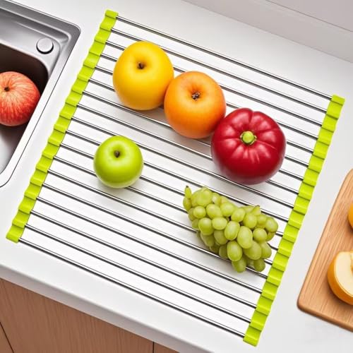 Roll Up Dish Drying Rack, Stainless Steel and Silicone Dish Drying Mat Over The Sink Foldable Drain Rack Multipurpose Dish Drainer for Kitchen, 14.5” x 14”, Green - color: Green