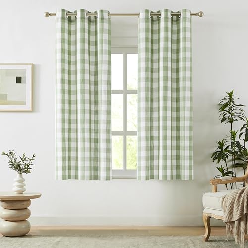 Amzdecor Short Buffalo Plaid Grommet Curtains 54 Inch Length, Semi-Sheer Check Textured Curtains Drapery for Living Room Bedroom Farmhouse,2 Panels （40" x 54",Sage Green & White） - color: Green/White, size: 40"W x 54"L (Pack of 2)